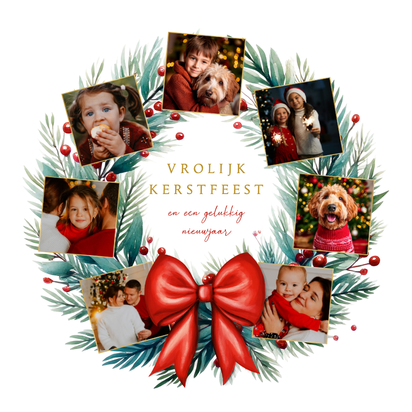 Kerstkaarten - Kerstkaart fotocollage met kerstkrans en rode strik