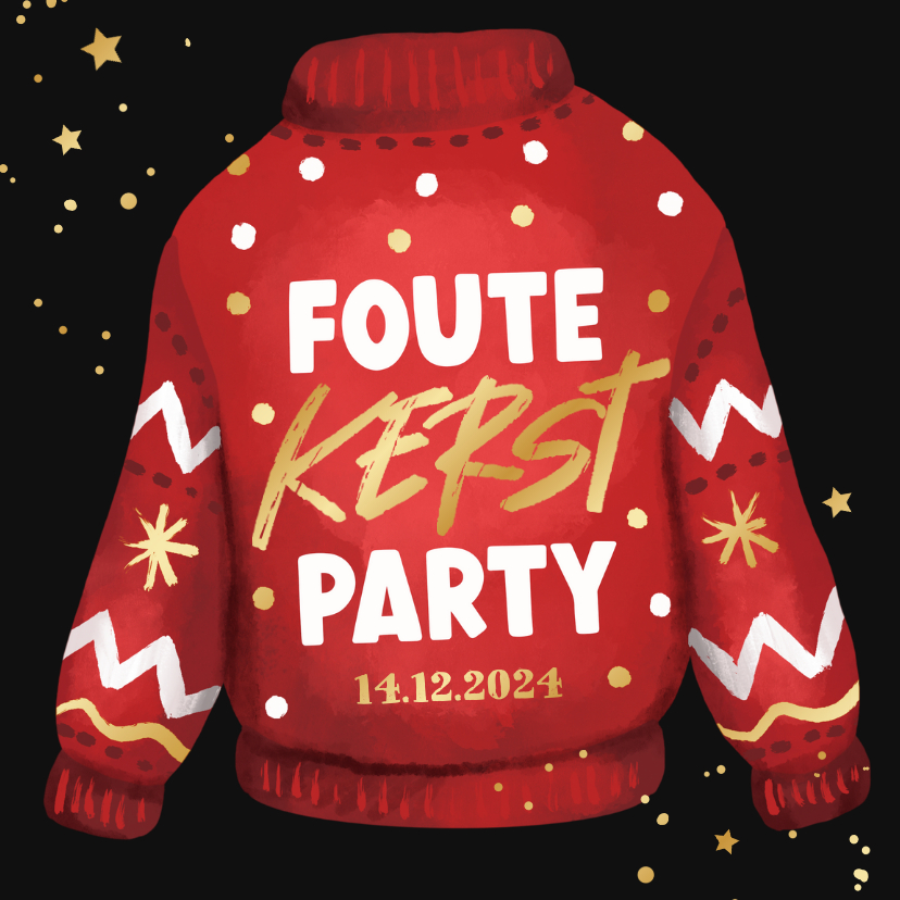 Kerstkaarten - Kerstkaart foute kerst party uitnodiging kersttrui goud