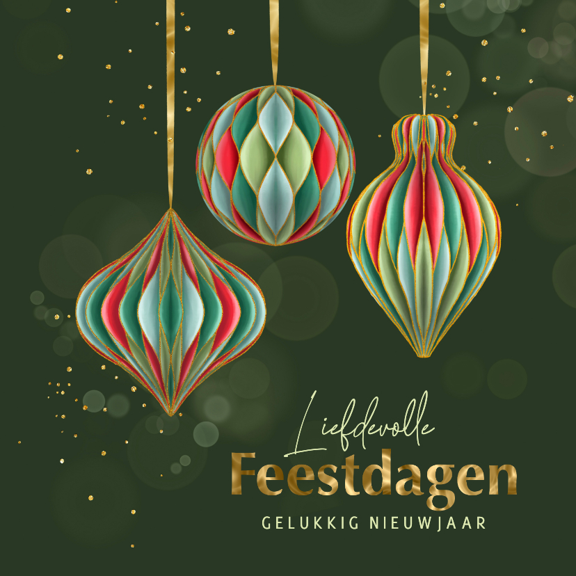 Kerstkaarten - Kerstkaart gekleurde papieren kersthangers met goud