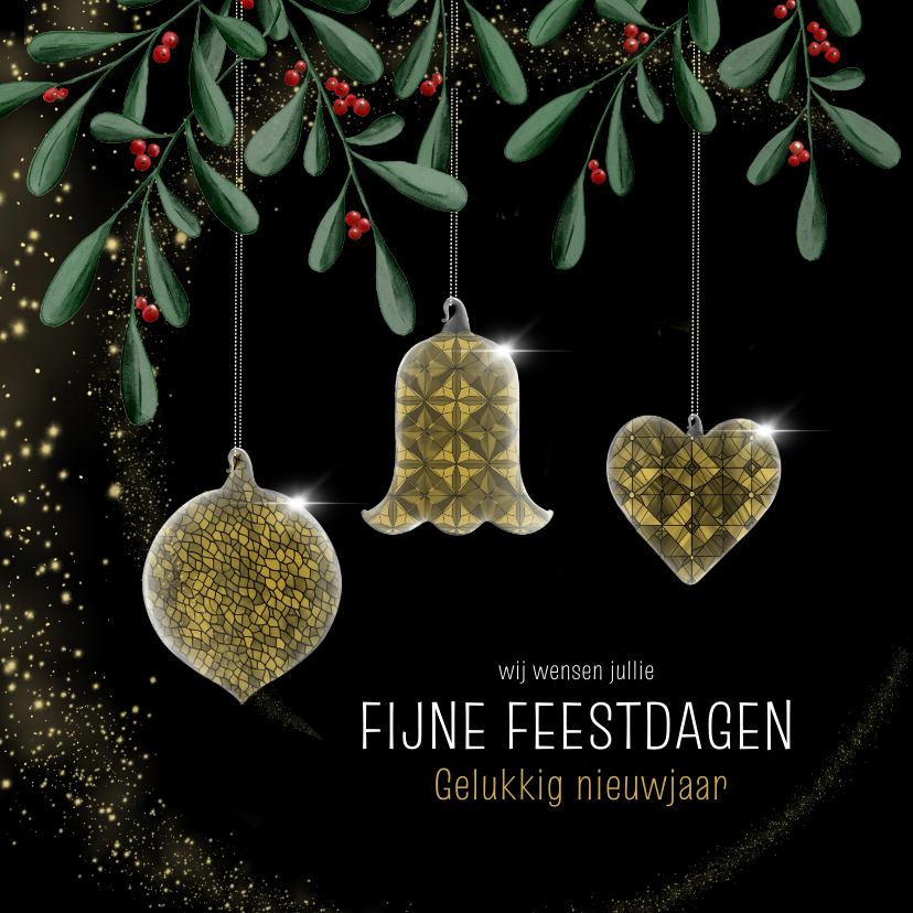 Kerstkaarten - Kerstkaart glas-in-lood kersthangers onder mistletoe