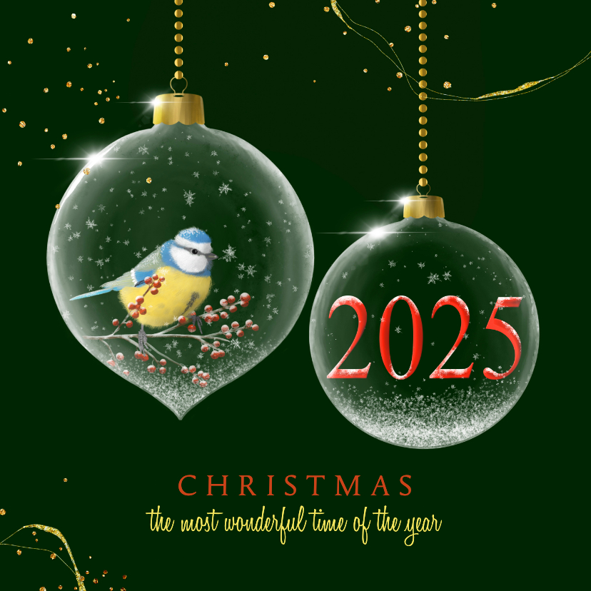 Kerstkaarten - Kerstkaart glazen kerstbal met vogel 2025