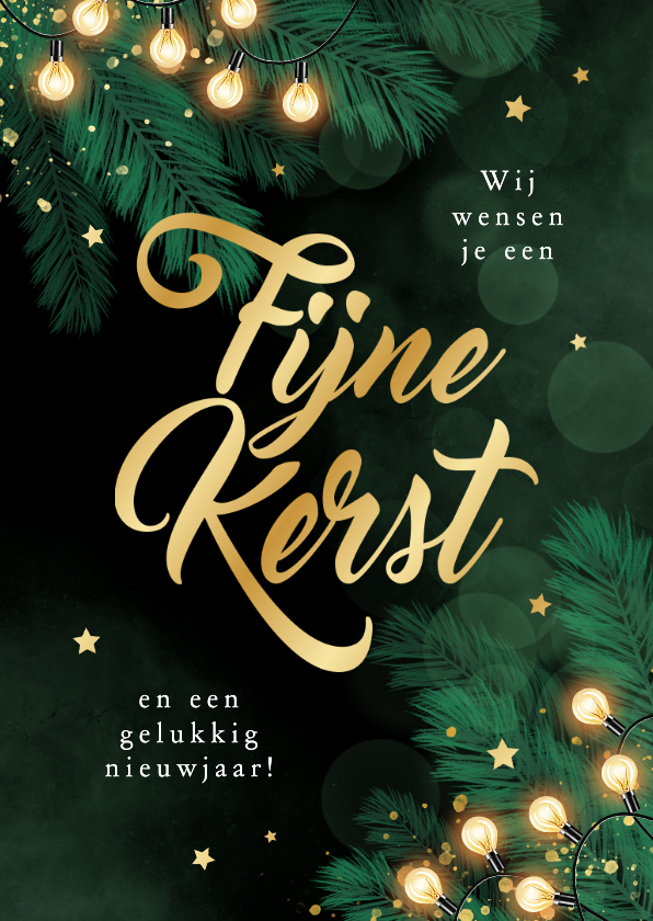 Kerstkaarten - Kerstkaart goud dennentakken groen fijne kerst lampjes