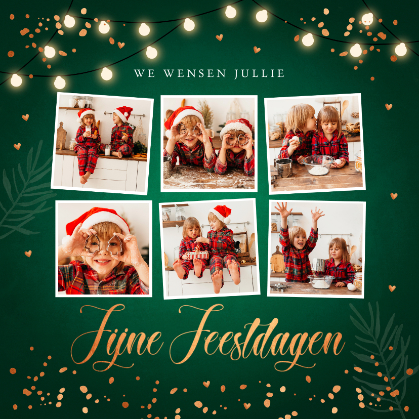 Kerstkaarten - Kerstkaart groen fotocollage confetti koperlook