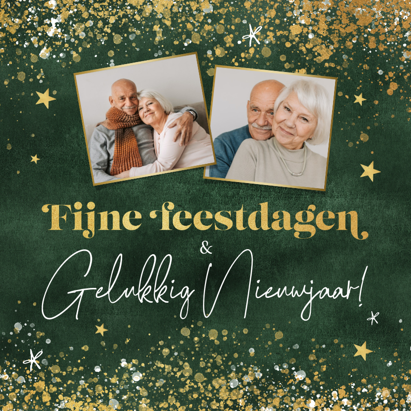 Kerstkaarten - Kerstkaart groen goud fijne feestdagen foto's sterren