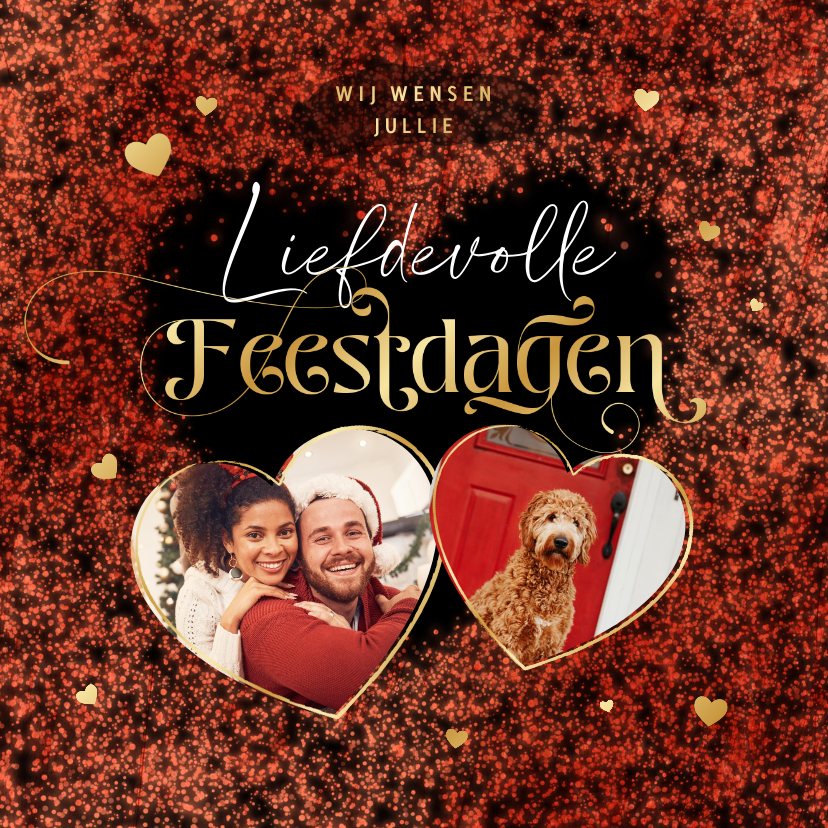 Kerstkaarten - Kerstkaart hartjes liefdevol goud rood foto's