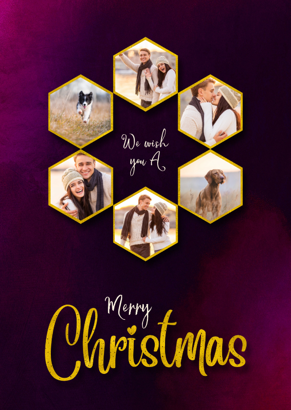 Kerstkaarten - Kerstkaart hexagon gouden fotocollage op warm cherry