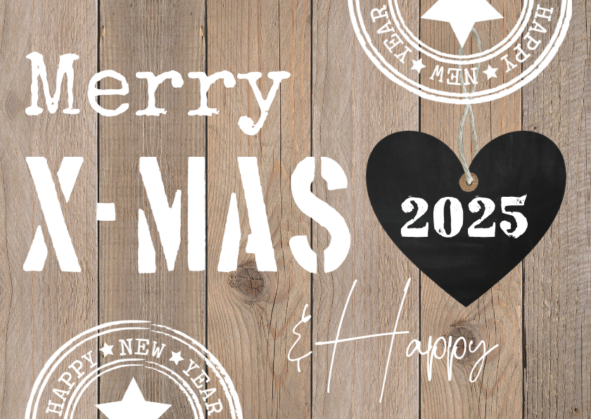 Kerstkaarten - Kerstkaart houtlook hartje typografie 2025