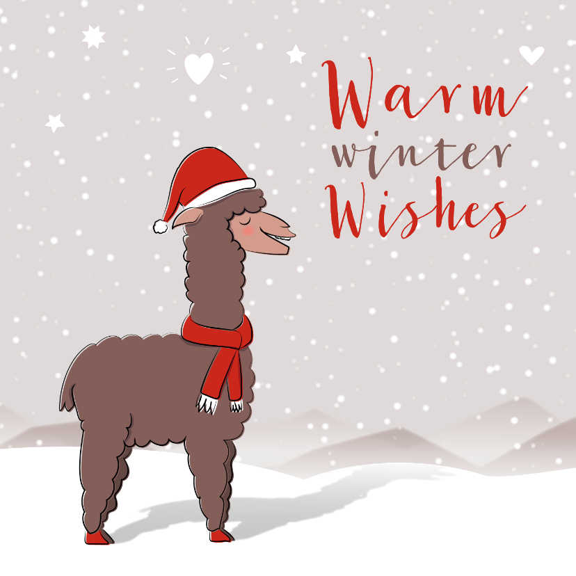 Kerstkaarten - Kerstkaart illustratie alpaca met kerstmuts in de sneeuw