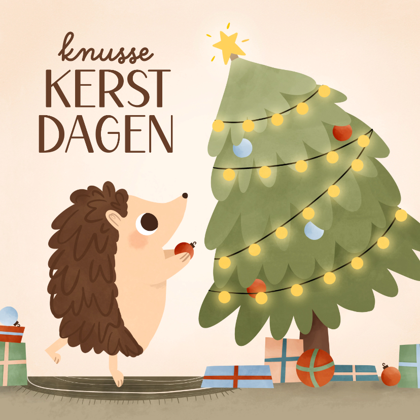 Kerstkaarten - Kerstkaart illustratie egel kerstboom in huis