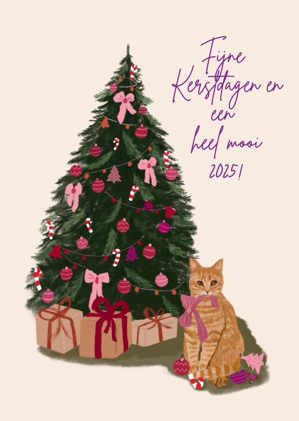 Kerstkaarten - Kerstkaart kat met strik bij kerstboom