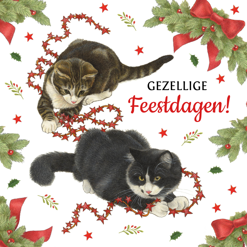 Kerstkaarten - Kerstkaart katten spelen met slinger