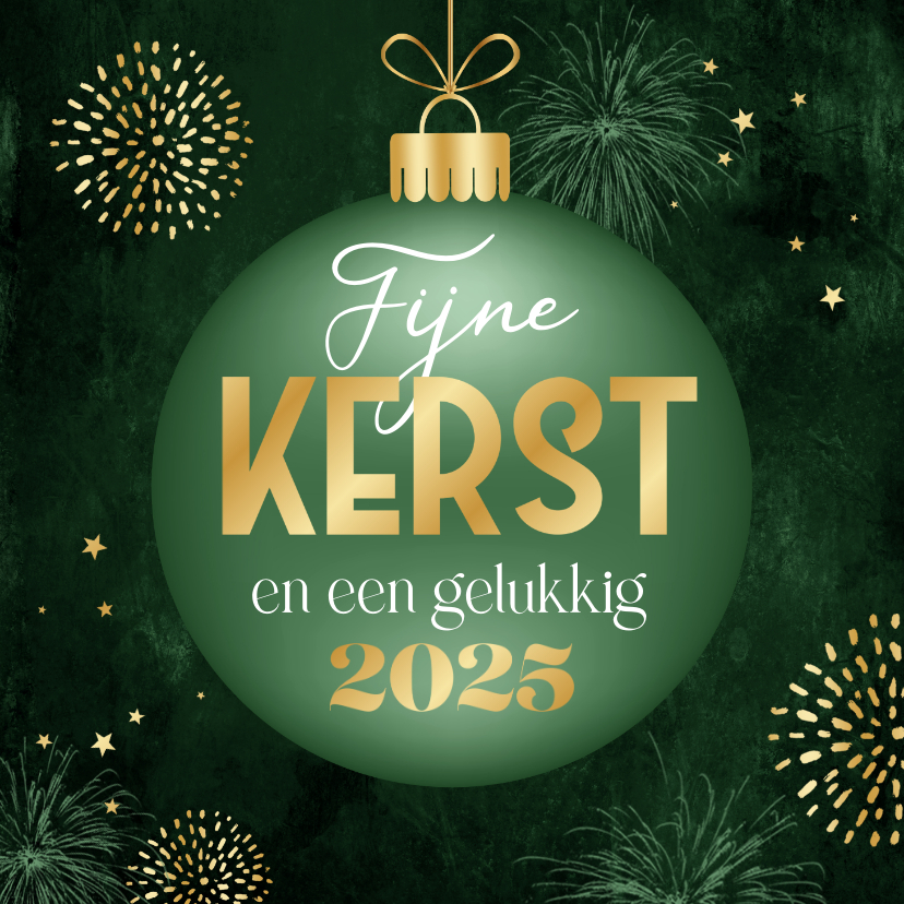 Kerstkaarten - Kerstkaart kerstbal goud sterren fijne kerst vuurwerk