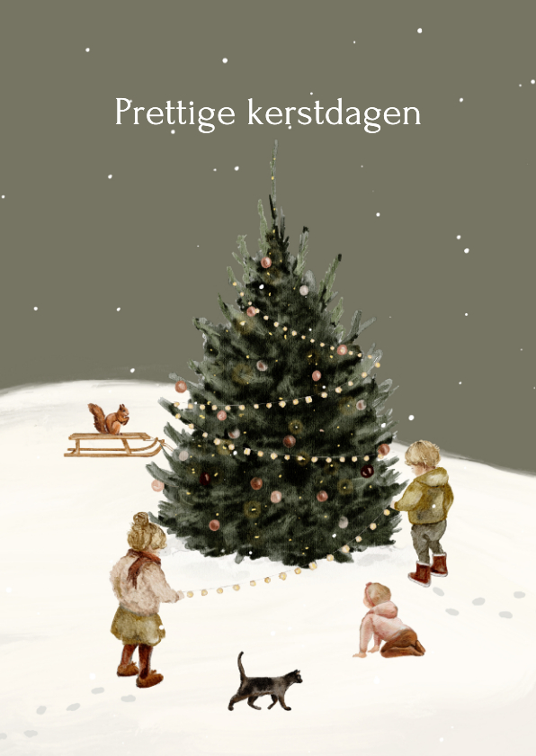 Kerstkaarten - Kerstkaart kerstboom buiten kinderen sneeuw