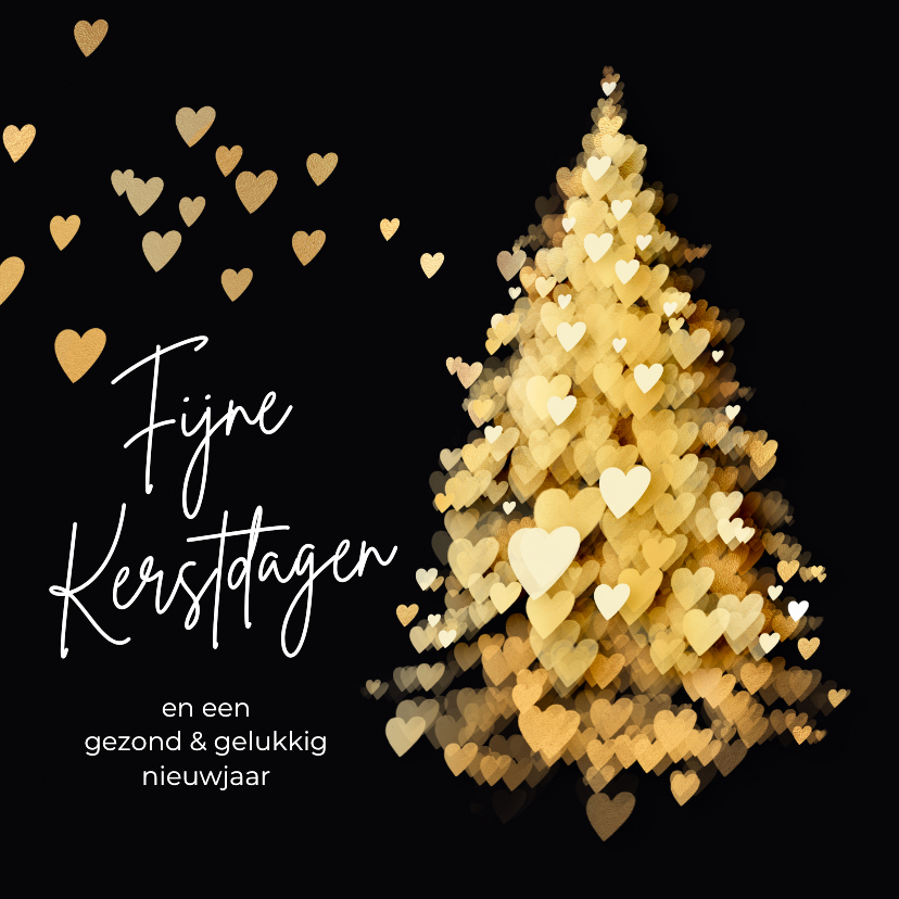 Kerstkaarten - Kerstkaart kerstboom hartjes sprankelend goud