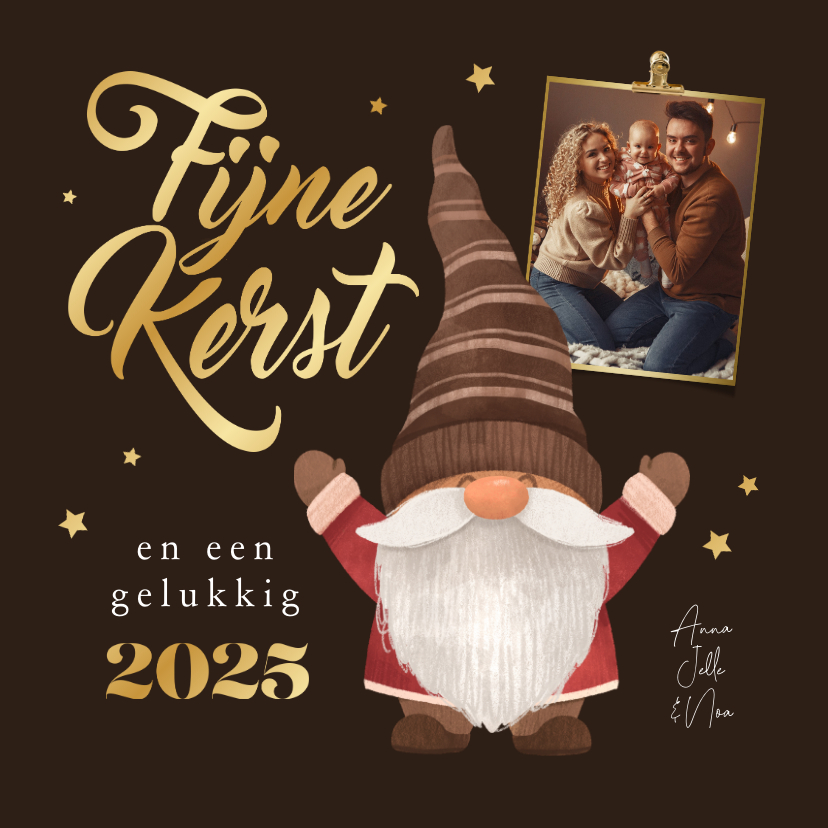 Kerstkaarten - Kerstkaart kerstkabouter foto sterren fijne kerst goud bruin