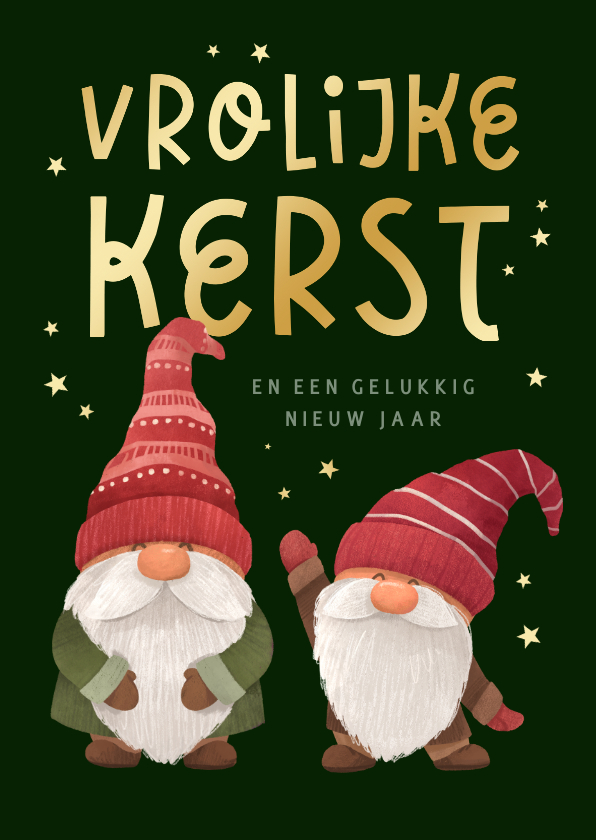 Kerstkaarten - Kerstkaart kerstkabouters vrolijke kerst sterren goud hip