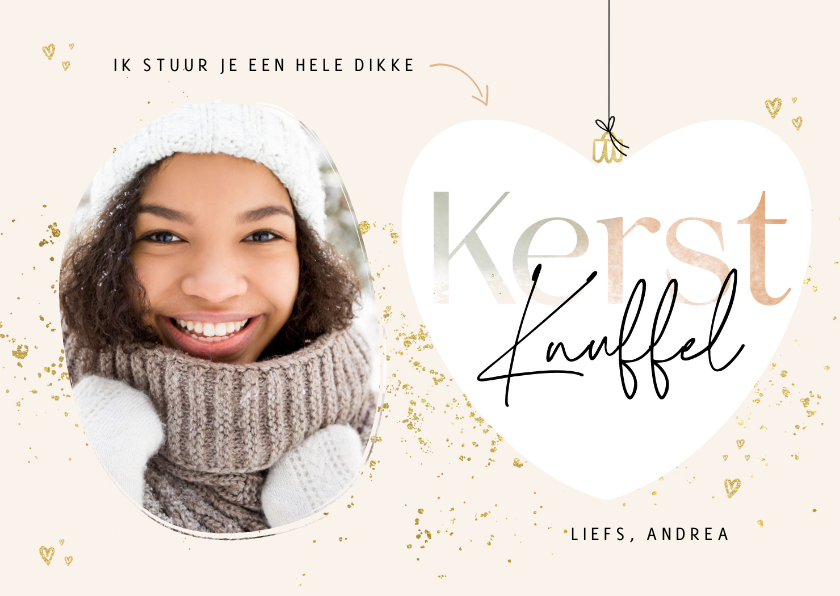 Kerstkaarten - Kerstkaart kerstknuffel met foto goudlook en kerstbal hartje