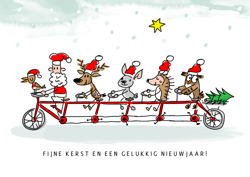 Kerstkaarten - Kerstkaart kerstman en dieren op tandem