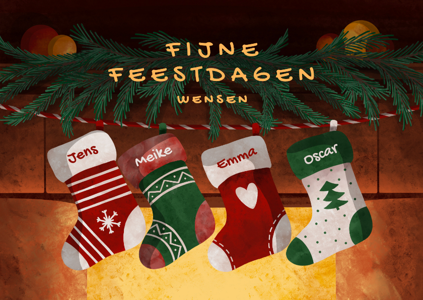 Kerstkaarten - Kerstkaart kerstsokken met naam en openhaard