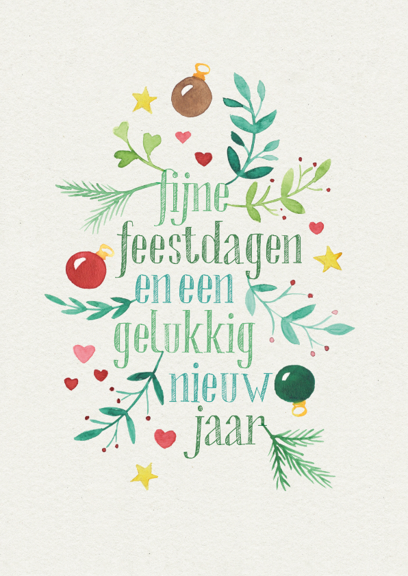 Kerstkaarten - Kerstkaart kerstwens met aquarel twijgjes en kerstballen