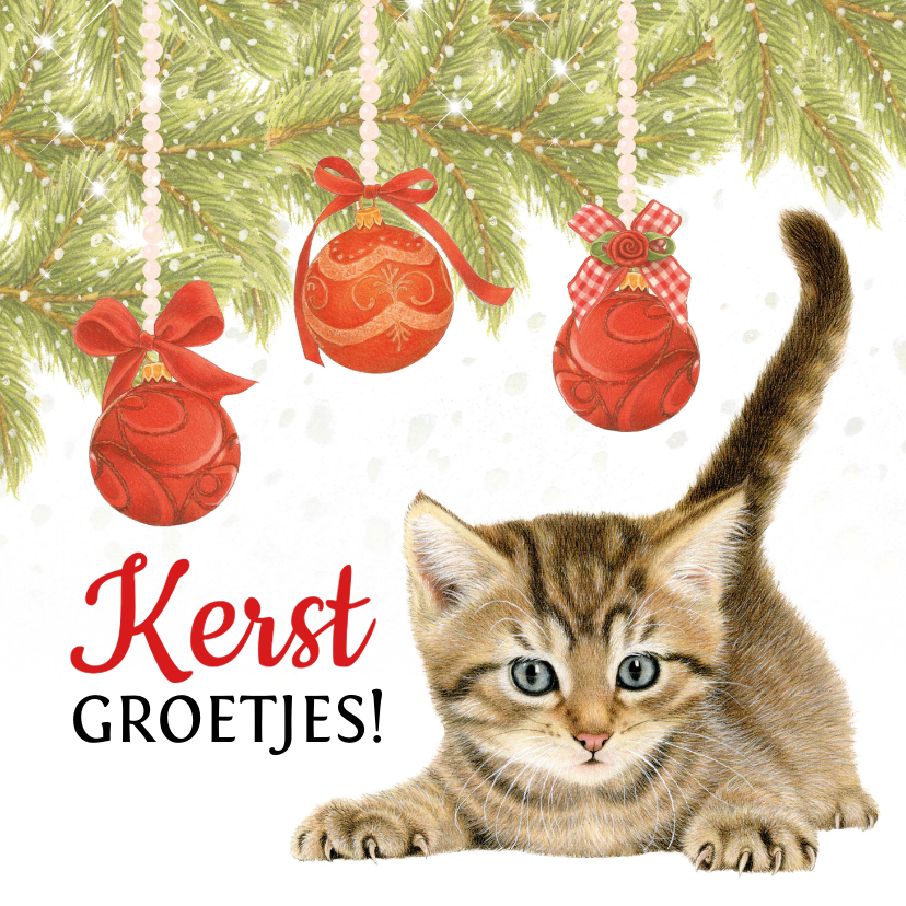 Kerstkaarten - Kerstkaart kitten onder kerstboom met kerstballen