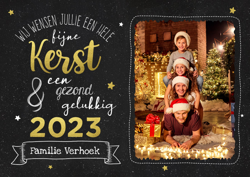 Kerstkaarten - Kerstkaart krijtbord met goudlook en foto