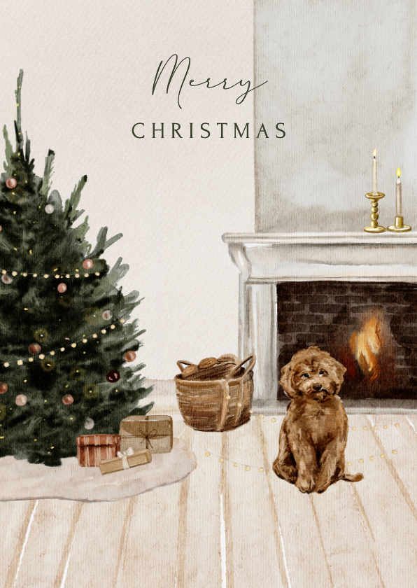 Kerstkaarten - Kerstkaart labradoodle kerstboom haard cadeautjes