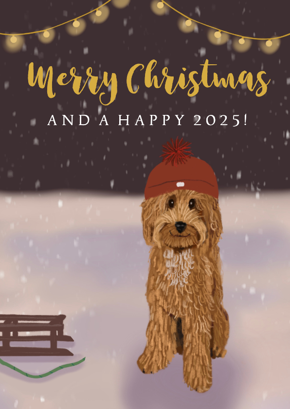 Kerstkaarten - Kerstkaart labradoodle met slee 