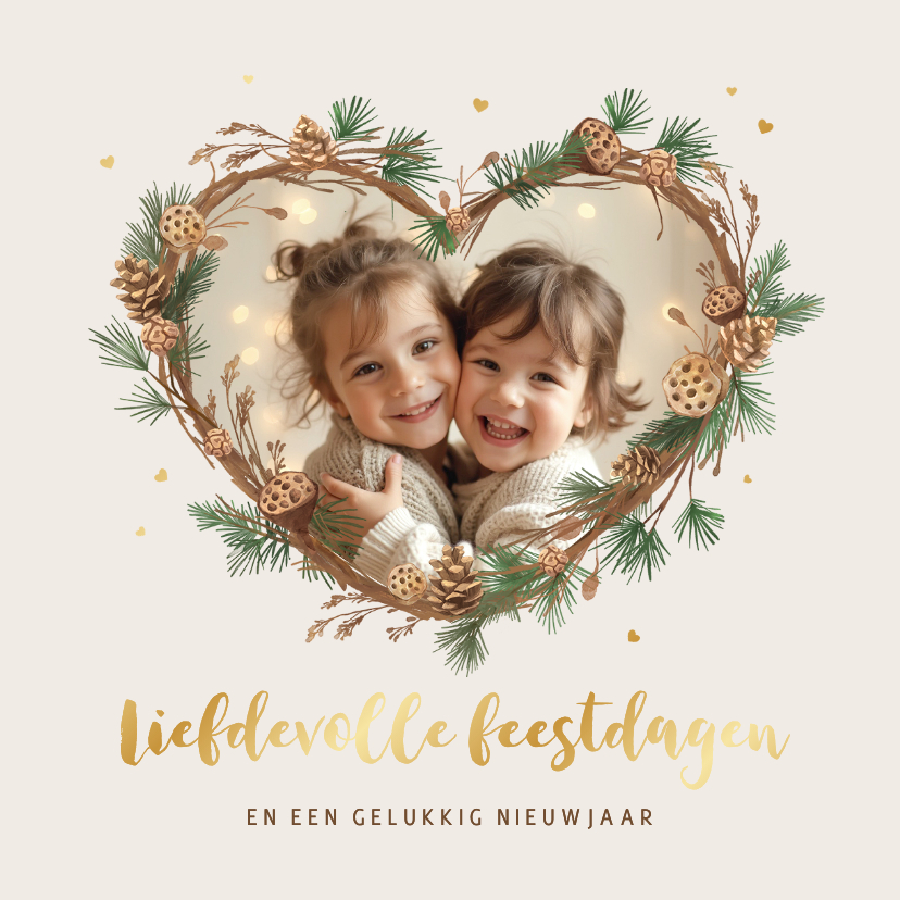 Kerstkaarten - Kerstkaart liefdevol dennentakjes foto hartvorm hartjes