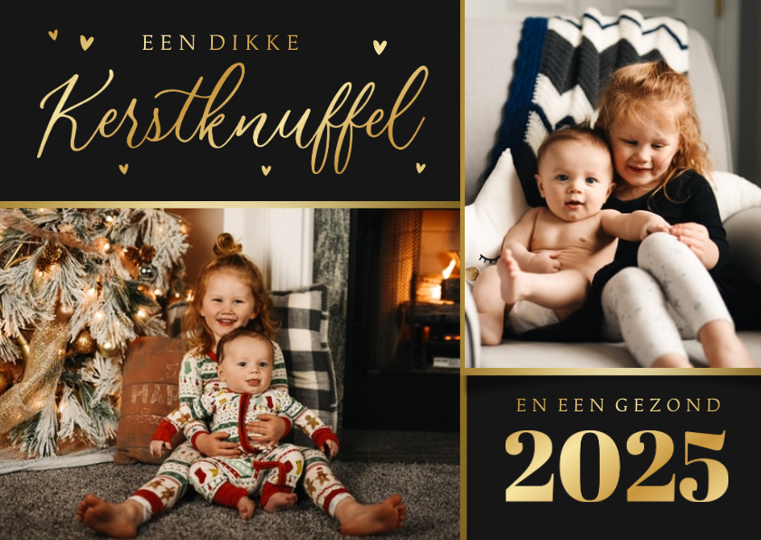 Kerstkaarten - Kerstkaart liefdevol kerstknuffel hartjes foto goud