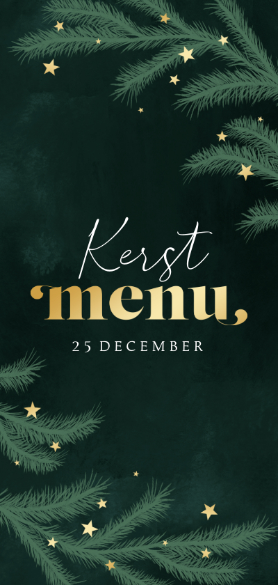 Kerstkaarten - Kerstkaart menu kerstdiner dennentakken groen goud sterren