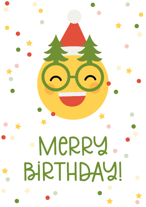 Kerstkaarten - Kerstkaart merry birthday emoji met kerstbril