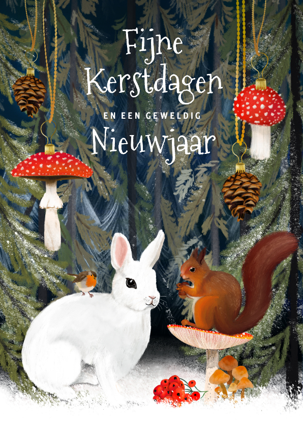 Kerstkaarten - Kerstkaart met bosdieren en kersthangers