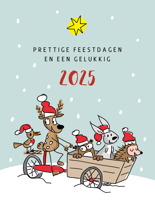 Kerstkaarten - Kerstkaart met dieren en bakfiets