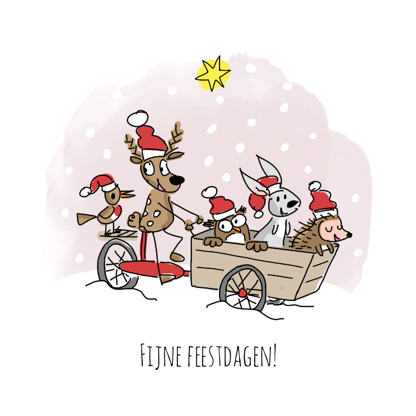 Kerstkaarten - Kerstkaart met dieren in bakfiets