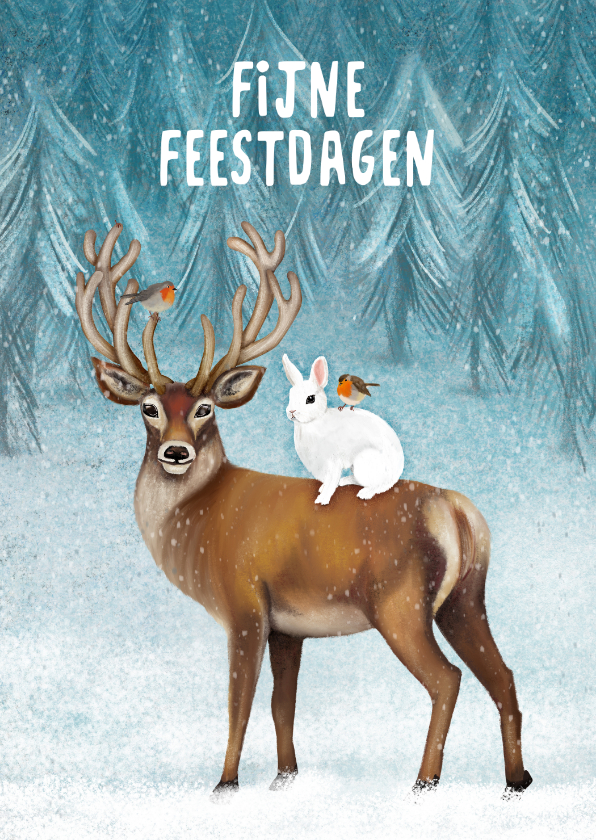 Kerstkaarten - Kerstkaart met dieren in de sneeuw