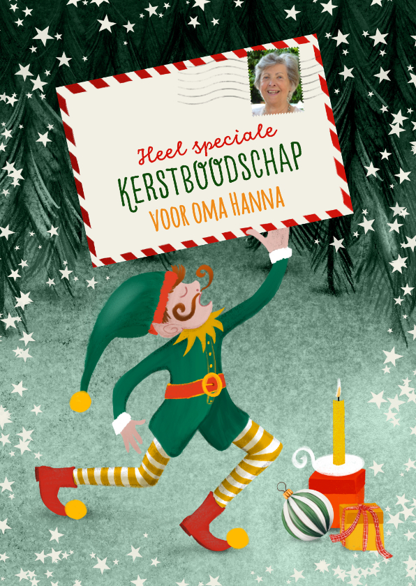 Kerstkaarten - Kerstkaart met elfje, kaart en foto postzegels