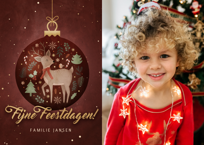 Kerstkaarten - Kerstkaart met foto en kerstbal met vrolijke illustraties