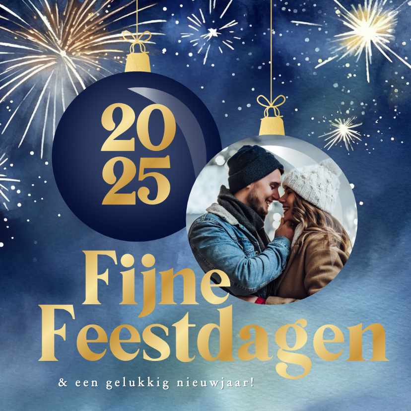 Kerstkaarten - Kerstkaart met geschilderd vuurwerk foto in kerstbal blauw