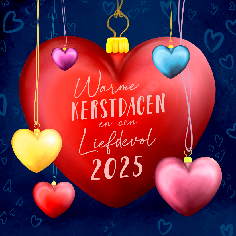 Kerstkaarten - Kerstkaart met hart kerstballen