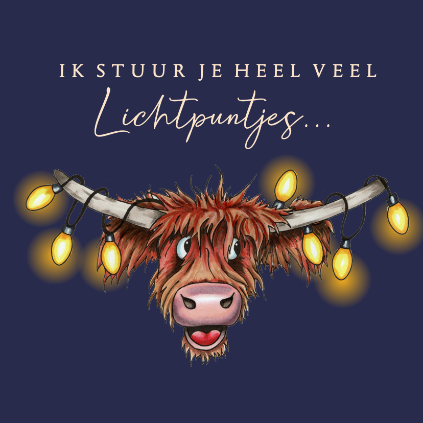 Kerstkaarten - Kerstkaart met hooglander en verlichting