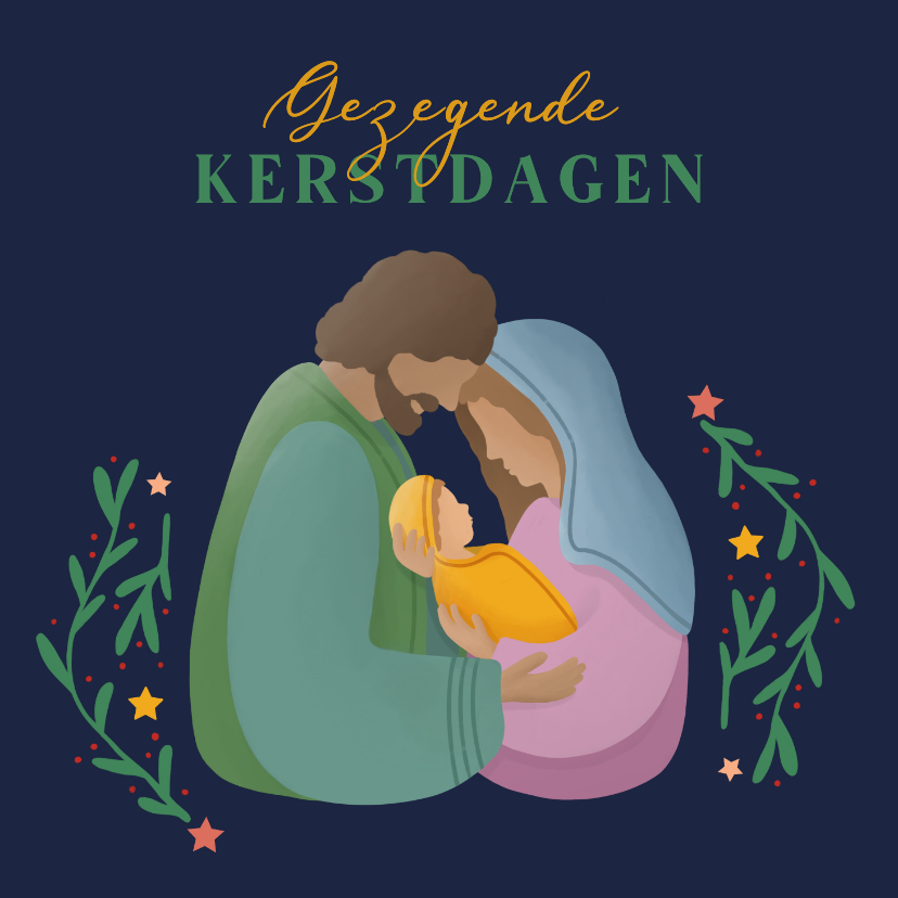 Kerstkaarten - Kerstkaart met illustratie Jozef Maria en Jezus sterren