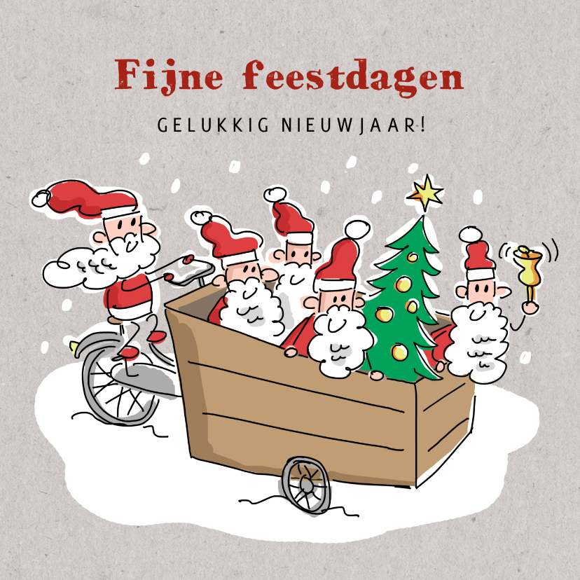 Kerstkaarten - Kerstkaart met kerstmannetjes en kerstboom in bakfiets