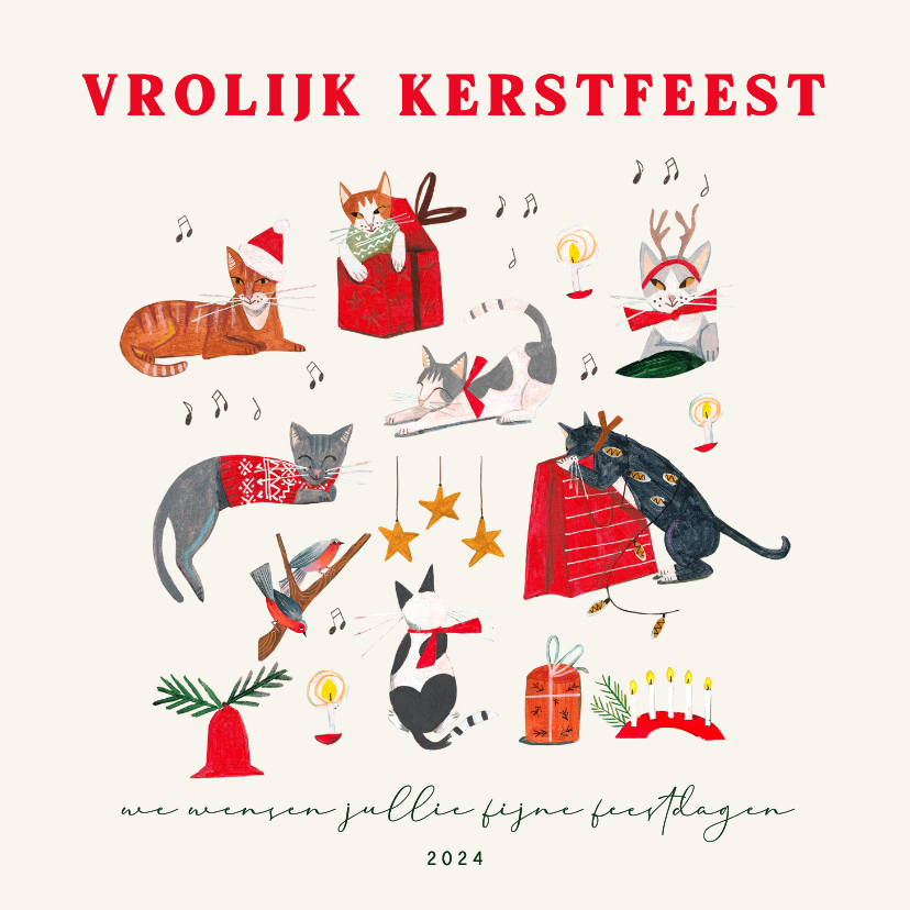 Kerstkaarten - Kerstkaart met poezen en kerst decoratie