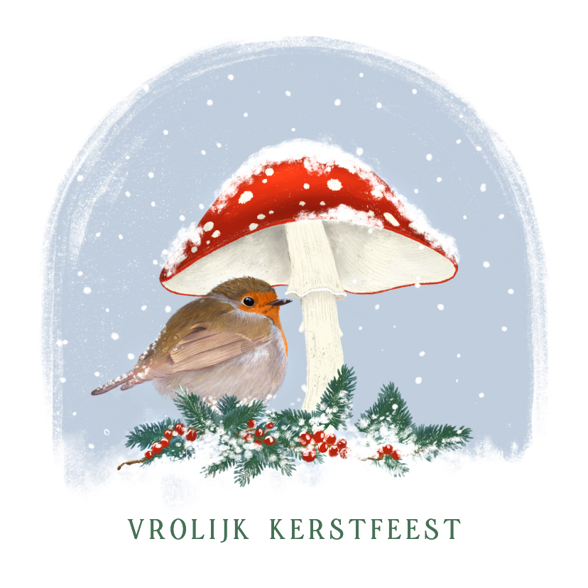 Kerstkaarten - Kerstkaart met roodborst onder paddenstoel