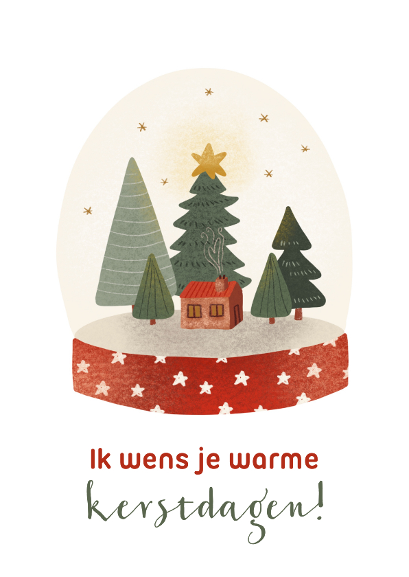 Kerstkaarten - Kerstkaart met schudbol met kerstbomen ster en huisje