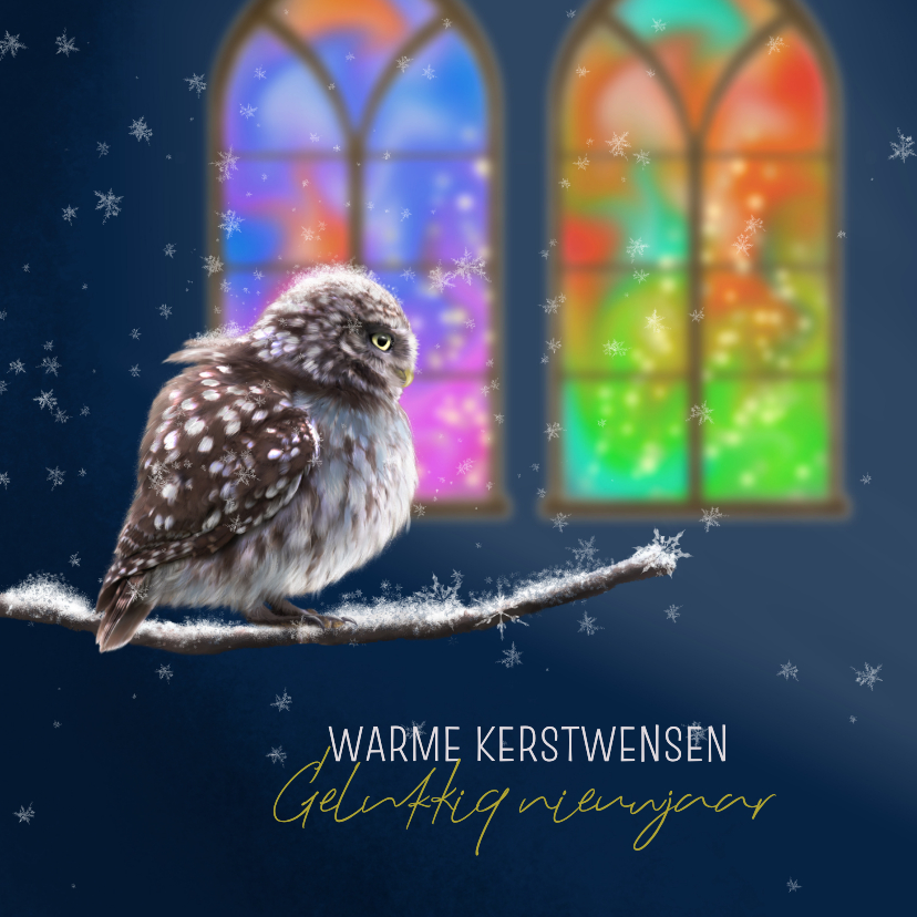 Kerstkaarten - Kerstkaart met uil in de sneeuw