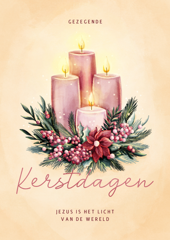 Kerstkaarten - Kerstkaart met vier adventskaarsen en kerstkrans