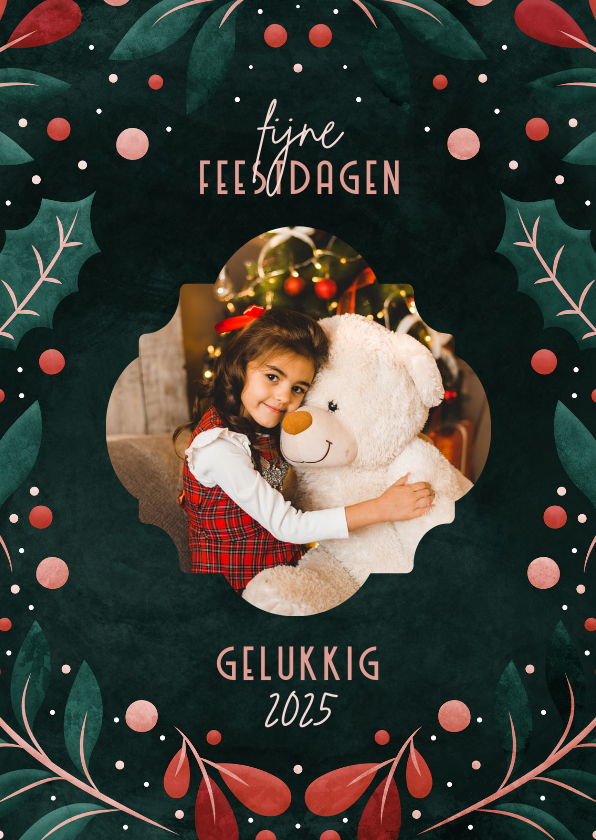 Kerstkaarten - Kerstkaart met vrolijke blaadjes en foto