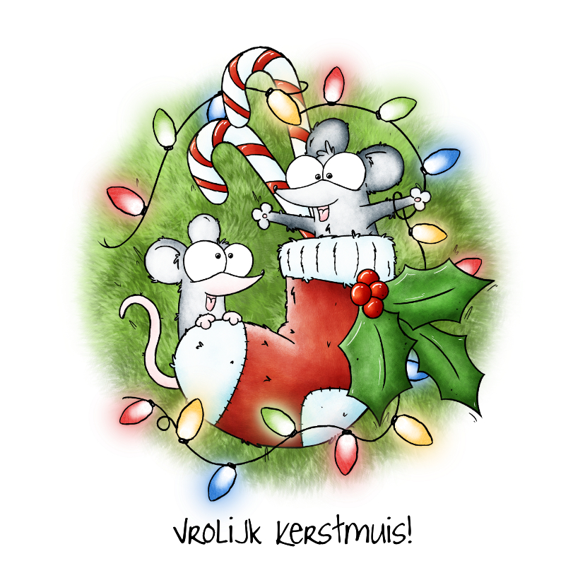 Kerstkaarten - Kerstkaart muizen in sok - Vrolijk Kerstmuis!